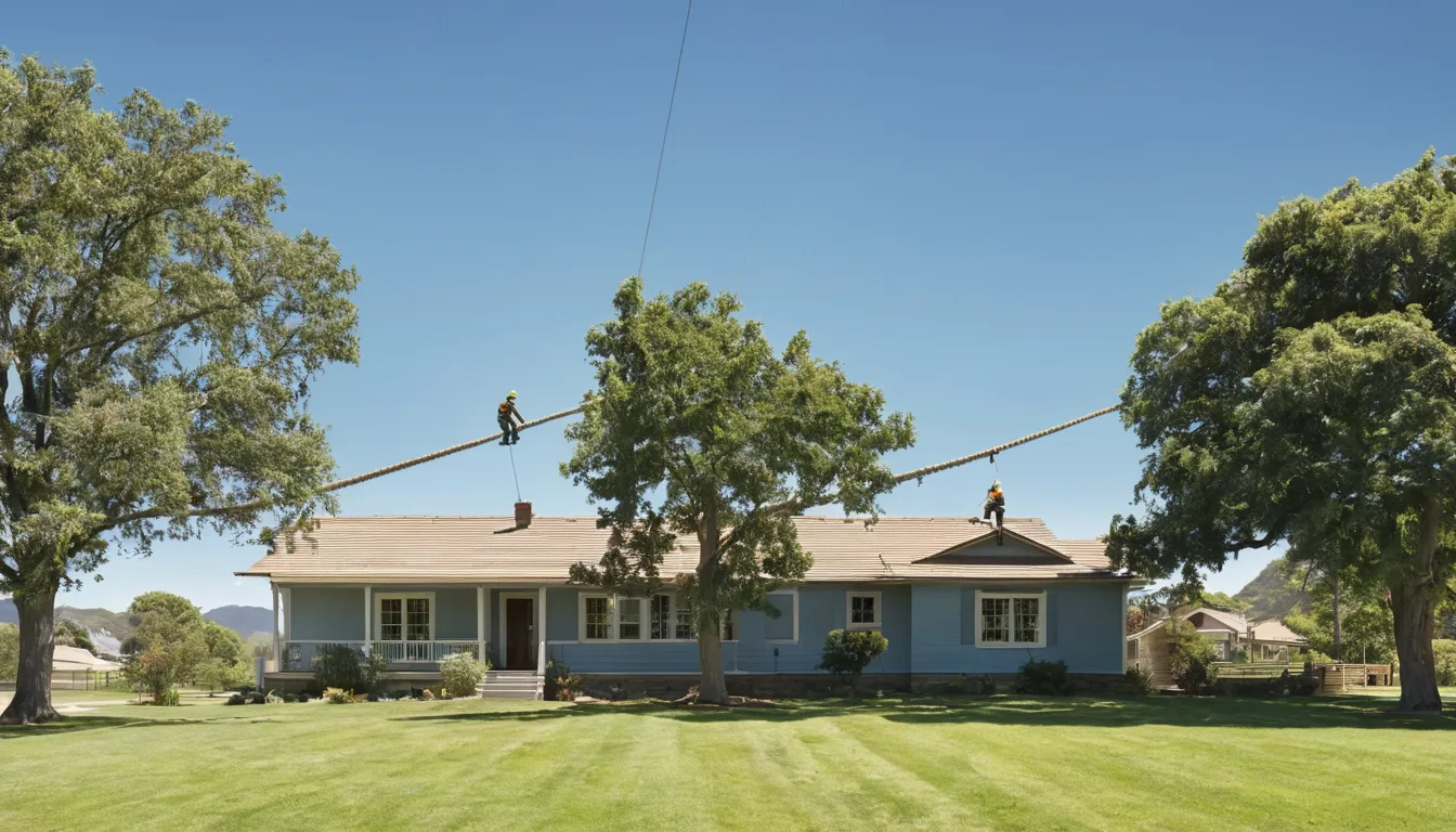 A tree service crew carefully removing a large tree beside a ranch-style home in Oklahoma City